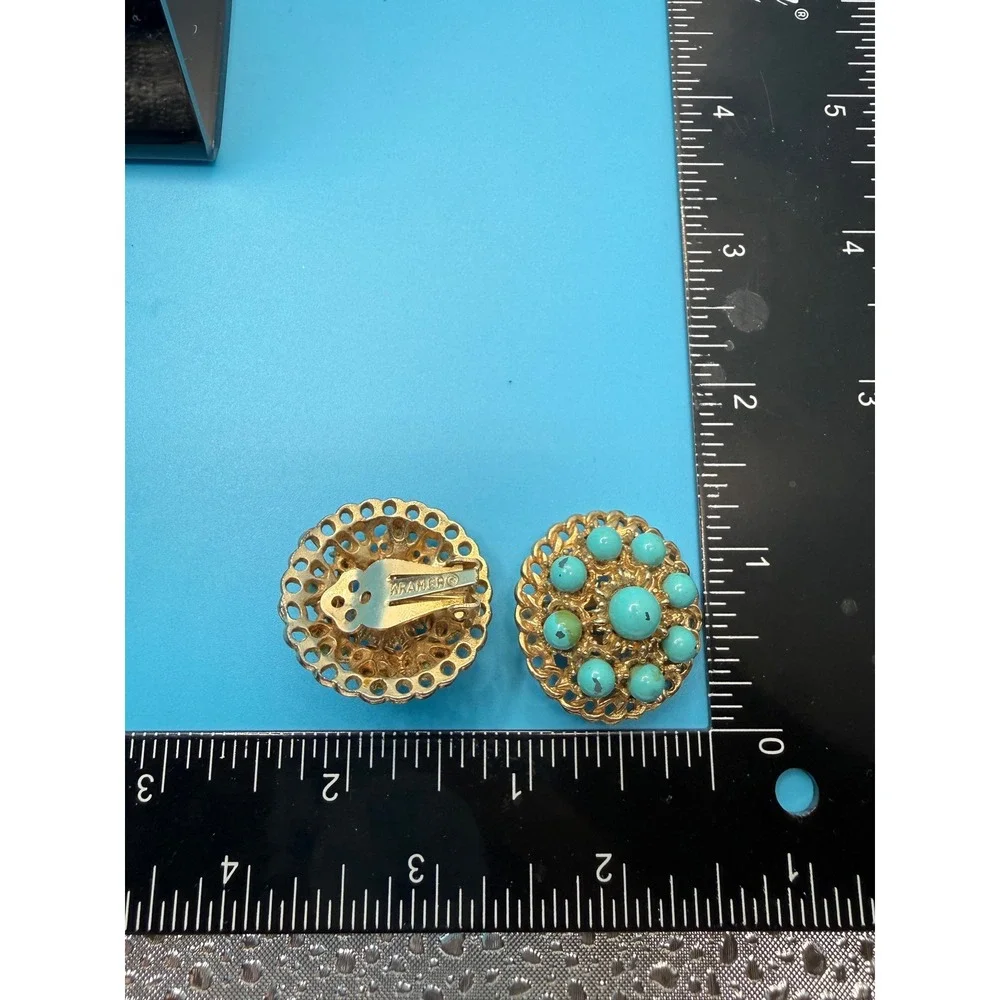 Vintage‎ Kramer of New York Faux Turquoise Gold Tone Filigree Clip On Earrings